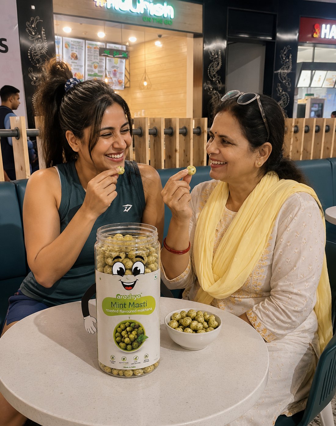 Friends enjoying Aroshya Mint Masti makhana