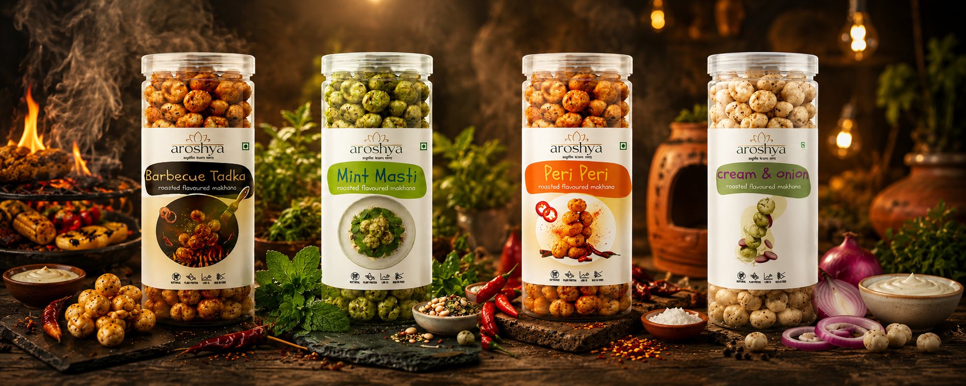 Aroshya makhana range — Barbecue Tadka, Mint Masti, Peri Peri and Cream & Onion